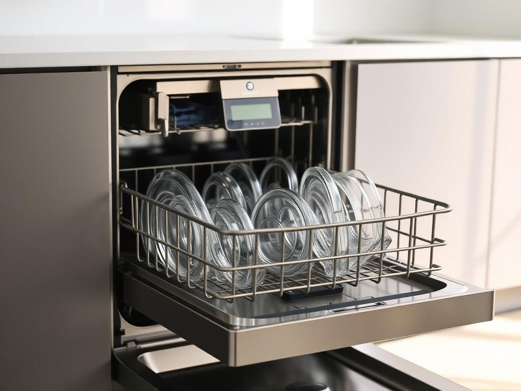 Open stainless steel dishwasher with clean glassware inside
