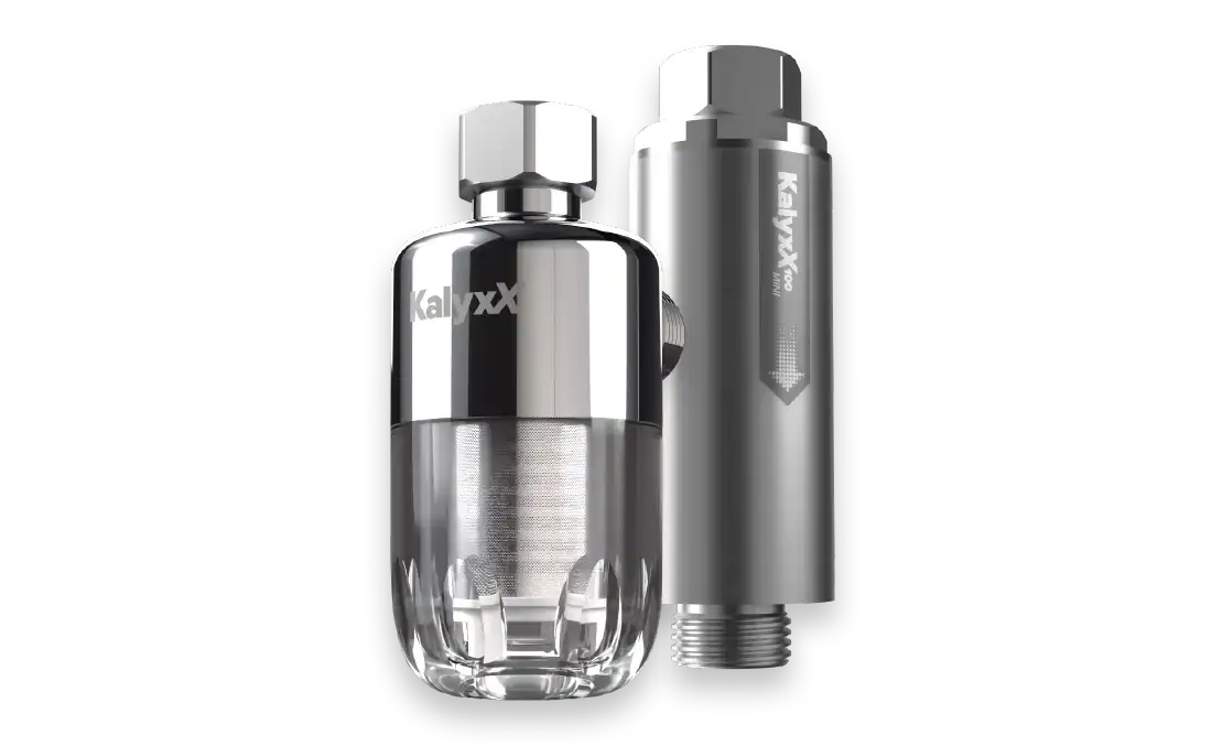 KalyxX 100 Mini limescale filter shown from two angles