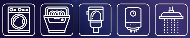 Icons showing washing machine, dishwasher, smart toilet, water heater and shower applications