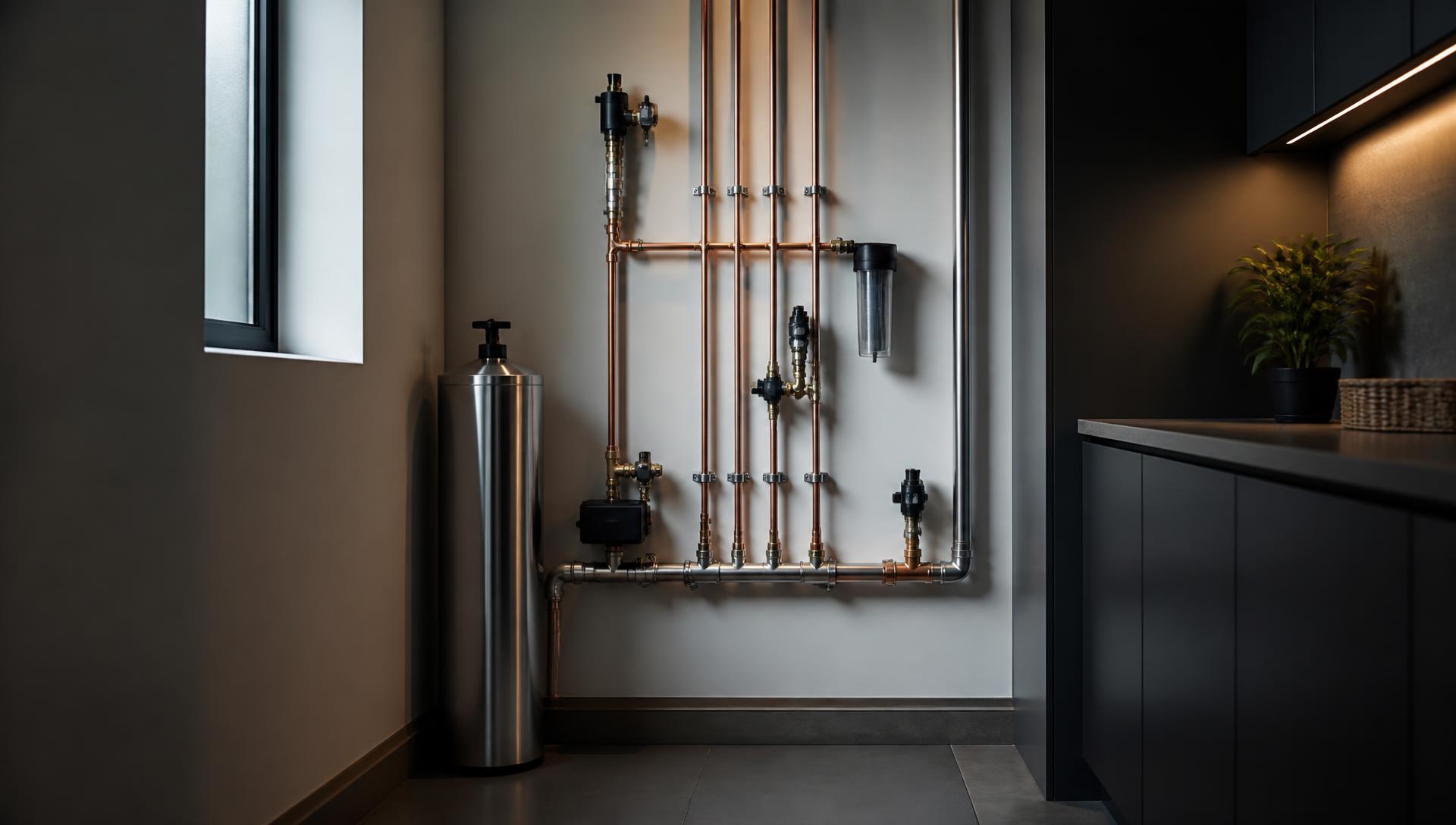 Neat residential water pipework in a modern utility room
