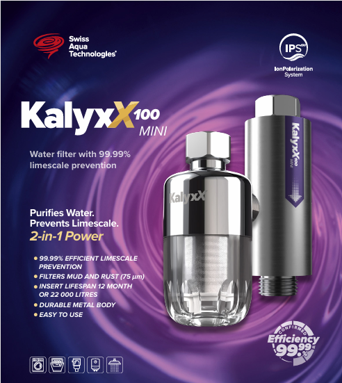 KalyxX 100 Mini point-of-use limescale protection unit shown from the front